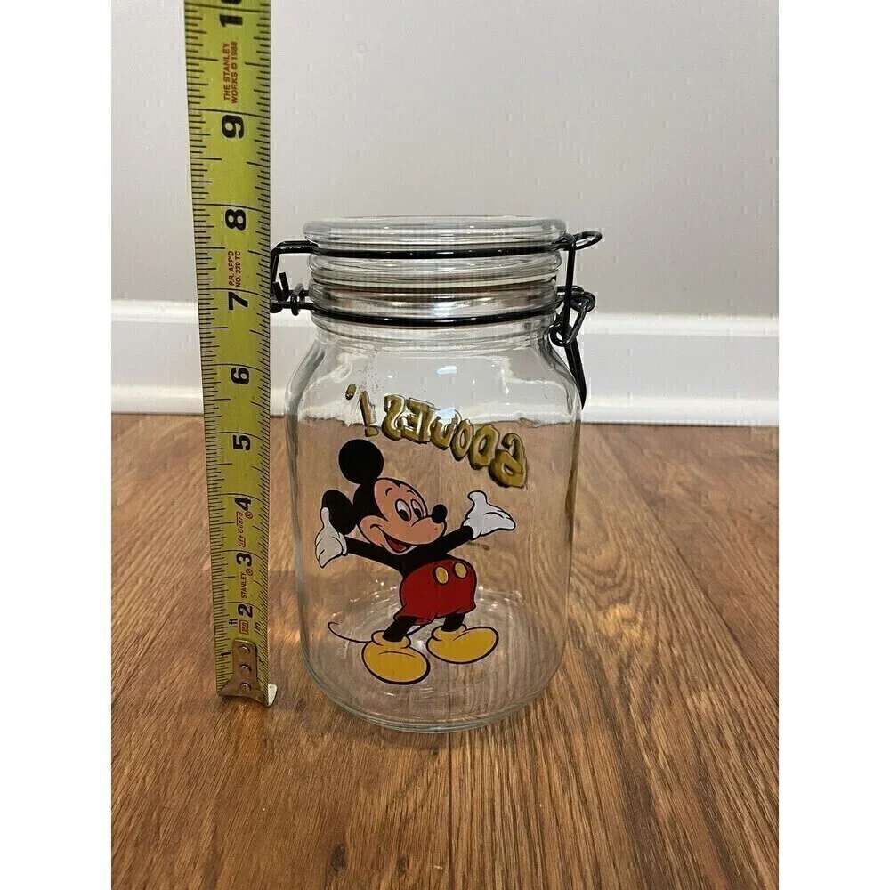 Disney Mickey Mouse Cookie Jar Anchor Hocking Glass Jar Treat Candy 8 inch VTG